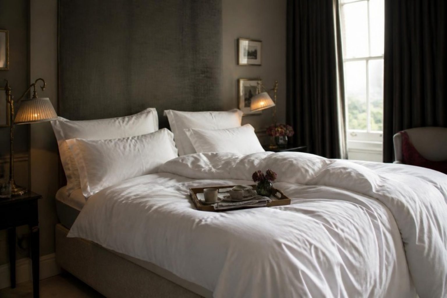 The Hotel Bed in a real bedroom, ivory tape edge
