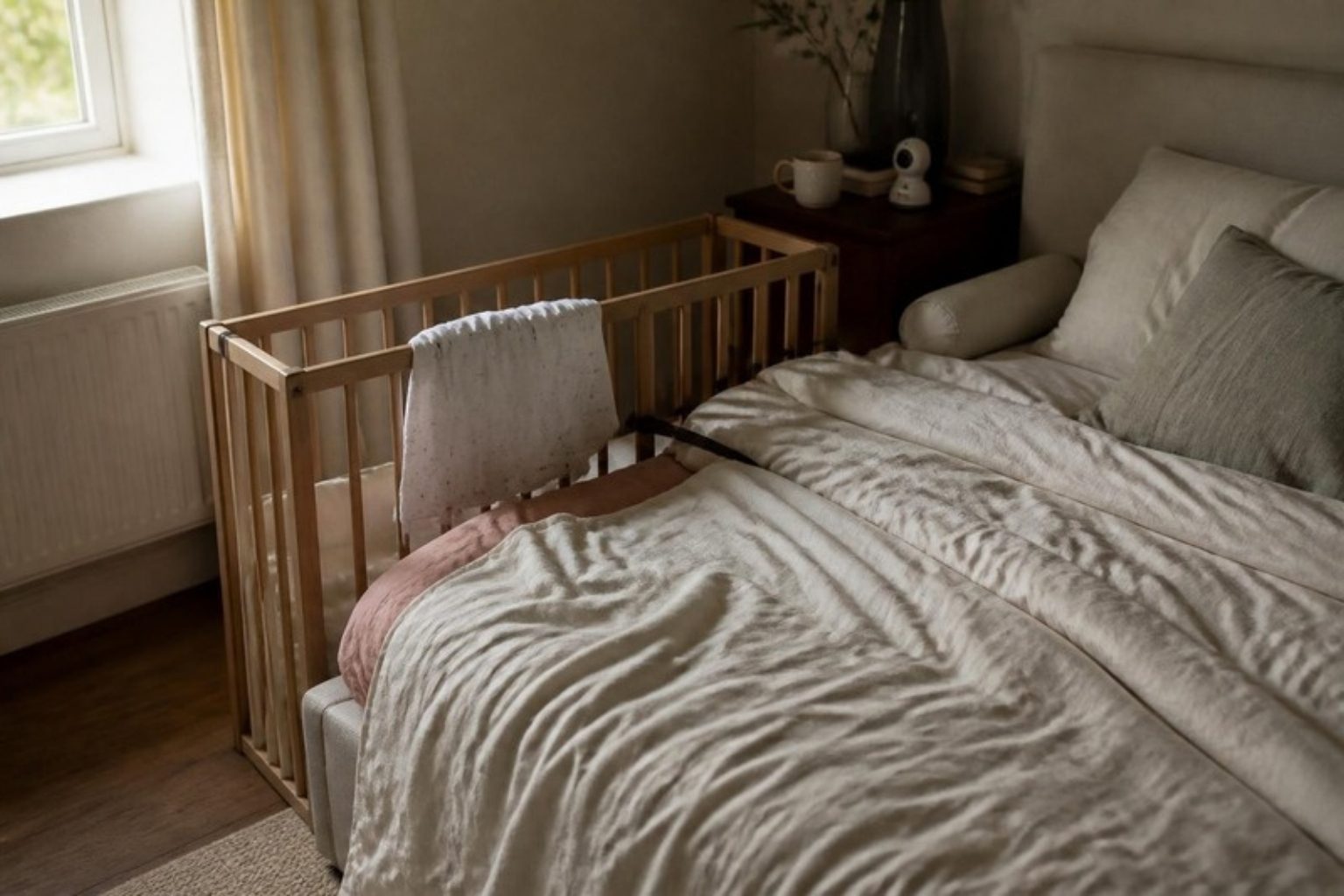 The New Parent in a real bedroom, blush tape edge